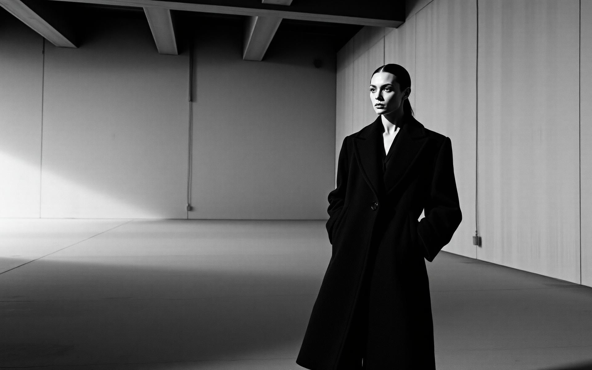 COTTONSON campaign: model in a full-length wool overcoat in an empty concrete gallery